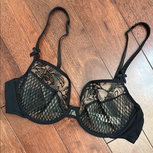 Andres Sarda Black Nude Floral Embroidered Sheer Cup Bra 36C